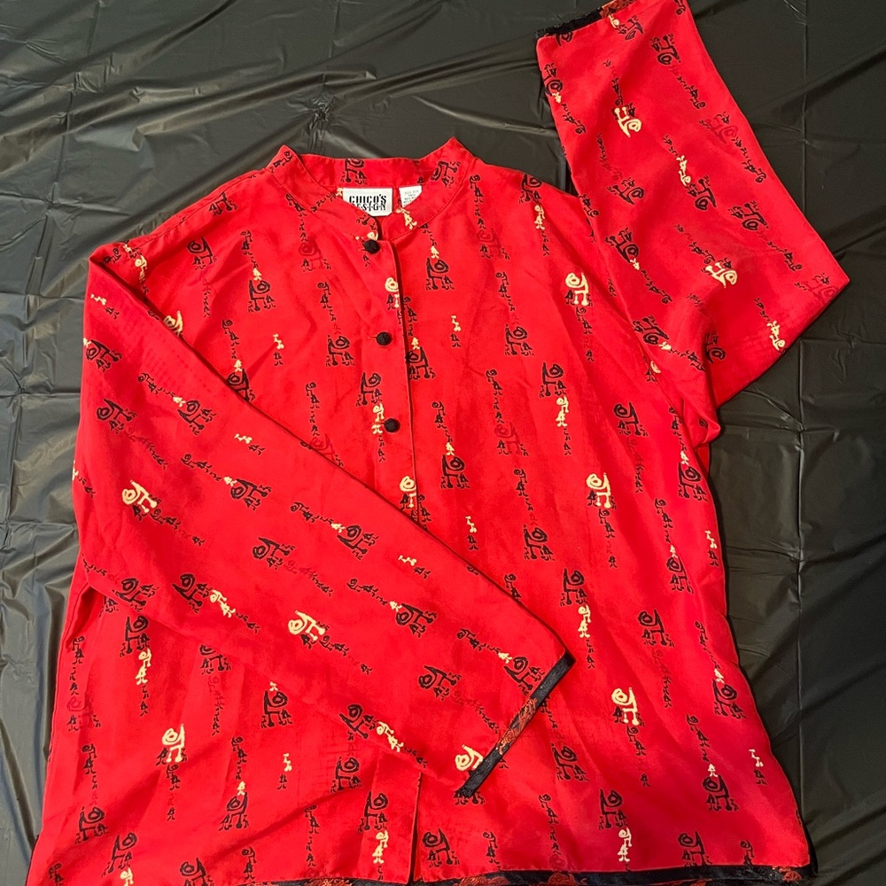 Chico's  Design 100% silk women’s Chinese Red Button Down blouse long sleeve